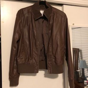 Brown faux leather bomber jacket